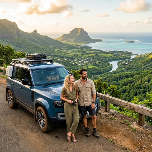Adventurous couple standing beside a premium SUV overlooking a lush Mauritian valley