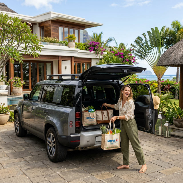 Expat woman comfortably loading an SUV in front of a tropical villa