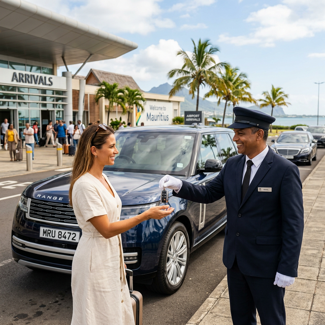 Chauffeur handing over car keys outside Mauritius airport terminal