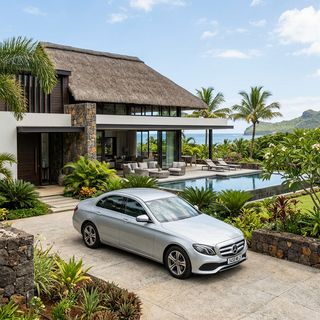 Modern sedan parked outside a contemporary tropical villa in Mauritius