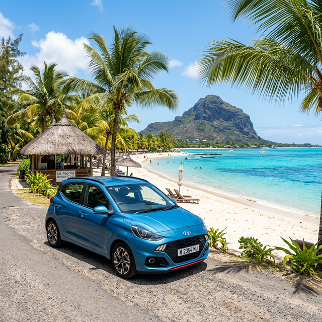 Compact car parked near a beautiful white sandy beach in Mauritius